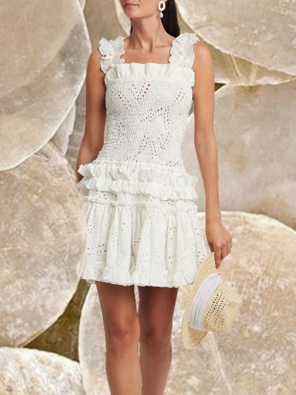 WAIMARI Alfresco Eyelet Ruffle Mini Dress Off White Lace Sleeveless LARGE